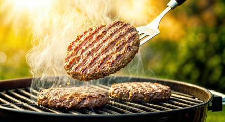 Close Up of Juicy Burger Patty Mid Air Flipped from Grill Spatula over  Grill with Rising heat Smoke Against Sun Glow in Background 