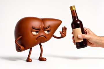 Liver Character with Dissatisfied Facial Expression and Frown  Gestures "No" to Human Hand Offering Bottle of Alcohol On Empty White Background 