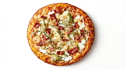 Flammkuchen (German-style pizza) with crme frache, onions, and bacon, isolated on white