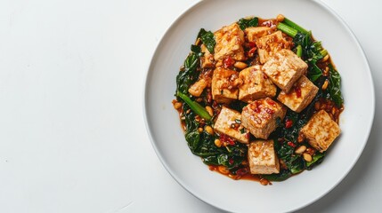 Fototapeta premium Fried tofu cubes (Tauhu Goreng) with spicy peanut sauce, white background