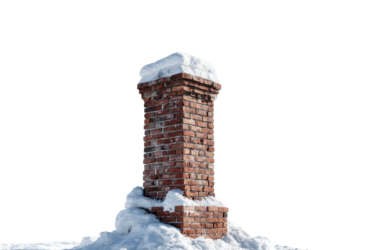 Snow-covered brick chimney winter landscape architecture home decor ideas isolated on transparent background - Powered by Adobe