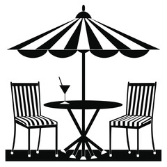 Table Two Chairs Parasol Black White Minimalist
