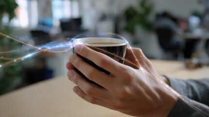 Close-up of hands holding a coffee cup, with an office background featuring light streaks and energy waves in the air around them. 