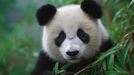 Naklejka premium Giant panda eating bamboo in a serene mountain bamboo forest