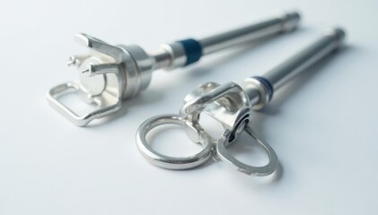 Close-up of orthopedic hardware components on white backdrop , stainless steel, surgical