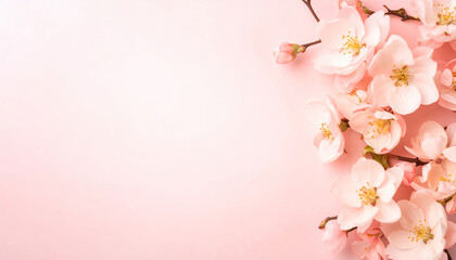 Delicate pink flowers blooming on a pastel pink background creating a serene spring atmosphere