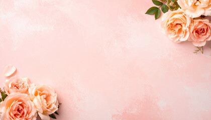 Peach roses frame decorating a pink textured background for wedding invitations or greeting cards