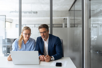 Two partners, team of professional business people working, discussing work sitting at desk. Mature...