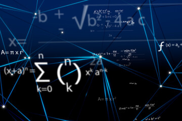 Floating Mathematical formulas in blue Space accompanied by plexus network in tridimensional space 3D rendering