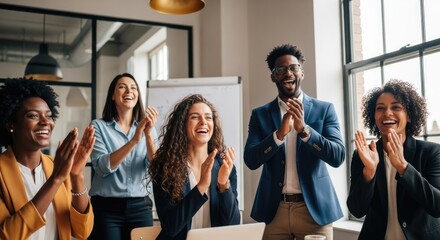 Group of diverse business professionals clapping hands in an office setting celebrating success with smiles and positive emotions. Warm lighting and blurred background.