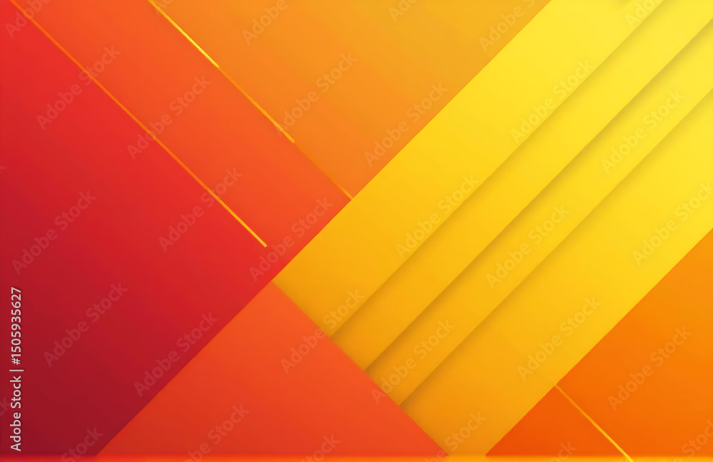Poster vibrant red orange yellow background features geometric shapes like triangles stripes lines colorful