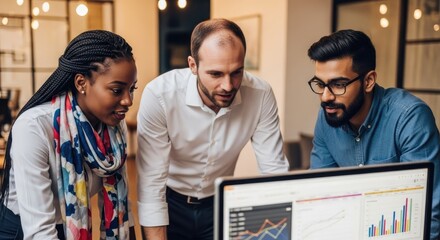 Three diverse colleagues gather around a computer monitor displaying charts and graphs in a modern office setting under warm lighting showing collaboration and teamwork