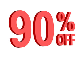 90 percent off discount text graphic in bold red 3D letters, for promotional sale banner icon, coupons, and special offers, marketing design element, boosting savings and shopping deals	