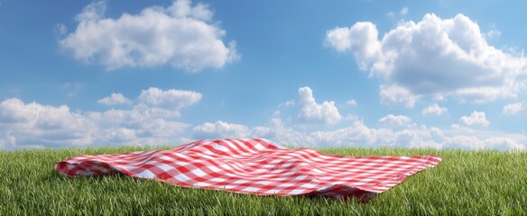 The vibrant picnic blanket resting on lush green grass under a clear sky