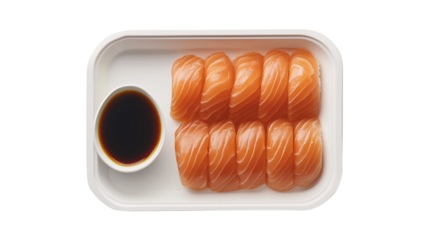 Salmon Sushi Nigiri in Takeout Container with Soy Sauce

