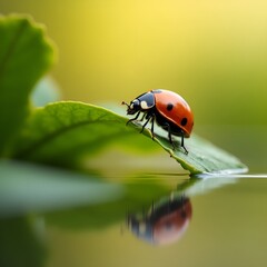 Fototapeta premium Ladybug on a leaf reflected on water. 