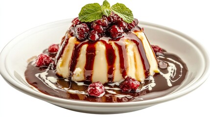 Hot red fruit pudding (Rote Grtze) with vanilla sauce, German dessert, white background
