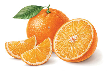 Fresh Juicy Orange with Leaf – Vibrant Citrus Fruit Illustration on White Background