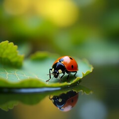 Ladybug on a leaf reflected on water.

