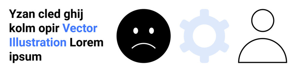 Sad face, gear, and user avatar represent dissatisfaction, process, and individuals. Ideal for feedback, workflow, user experience, customer service issue resolution teamwork and simple landing