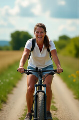Naklejka premium A person on a bicycle traveling along a rural path