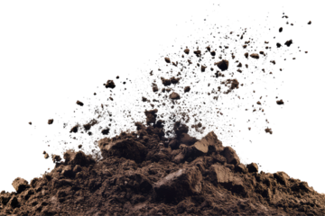 A pile of dark brown soil with a cloud of pixelated white dust against a black background image view