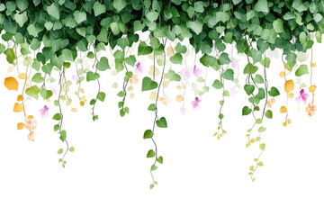 Hanging vines with green leaves and flowers against a black background in a decorative arrangement