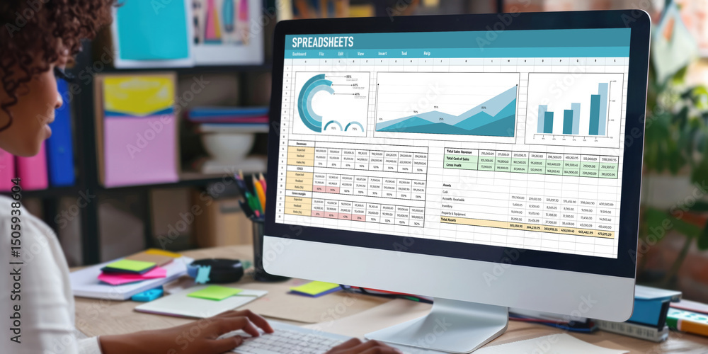 Poster spreadsheet document information financial startup concept. data and graphs in spreadsheet documents