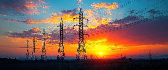 Power lines stretching across a vibrant sunset