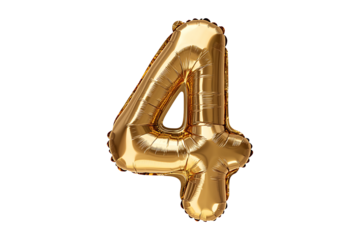 nglish Number 4 made with gold foil balloon isolated on transparent background.