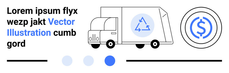 Delivery truck featuring recycling emblem, accompanied by a circular currency icon. Ideal for logistics, sustainability, eco-friendly transport, circular economy, financial services, environmental