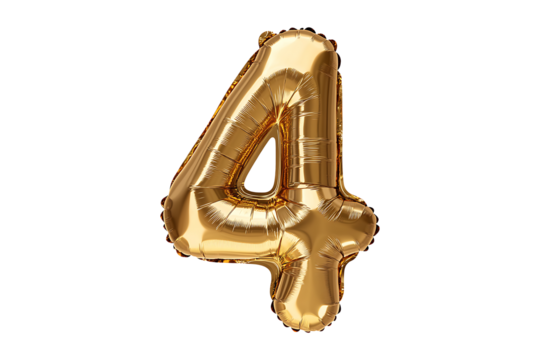 nglish Number 4 made with gold foil balloon isolated on transparent background.