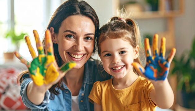 Joyful hand painting, a mother and daughter's colorful creative adventure happy
