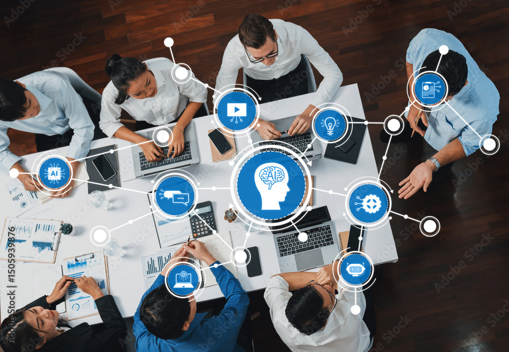 Leinwandbilder engaging top-down view of a diverse team collaborating in a modern workspace, showcasing artificial 