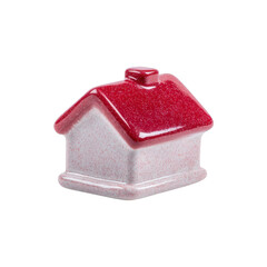 Small ceramic house figurine with red roof and speckled white walls, evoking cozy and charming feel. Perfect for home decor or as collectible item