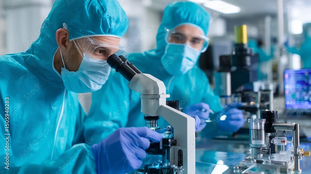 Poster scientists conduct research in a laboratory setting using advanced microscopes during a study on bio