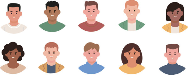 Set of diverse male and female avatars vector illustration, smiling faces, flat design, business and casual characters icons flat vector illustration