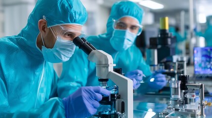 Scientists conduct research in a laboratory setting using advanced microscopes during a study on biological samples
