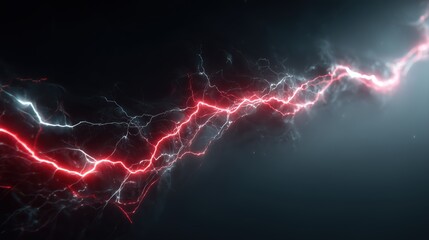 striking red and white lightning bolt with electric energy effect on dark stormy sky