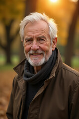 A man with a long white beard and a brown jacket, possibly Santa Claus or an elderly gentleman