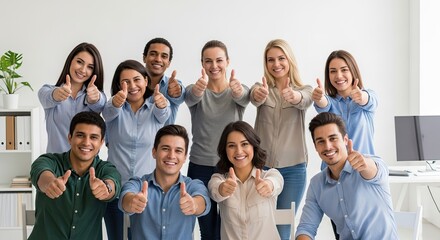 Diverse team of cheerful professionals giving thumbs up in bright office setting. Smiling faces convey positivity and success with a focus on teamwork and achievement.