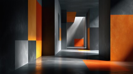 Sleek black and gray wallpaper with vibrant orange geometric shapes and strong light shadows