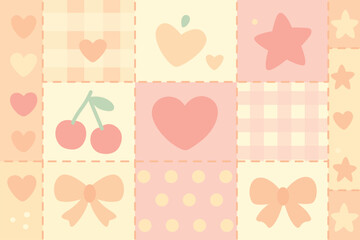 Soft pastel patchwork pattern with hearts, bows, cherries, and stars. Ideal for kids' products, nursery design, stationery, textiles, cute branding. Perfect for girly and baby themes. Flat vector