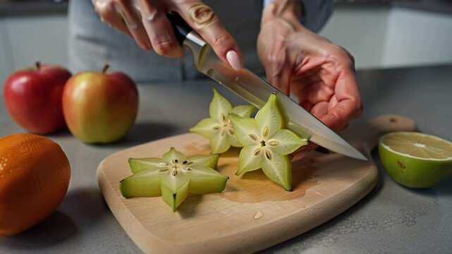 female hands cutting ripe carambola with knife on table in kitchen