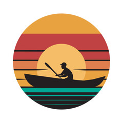 Cartoon vector illustration of a fishing boat silhouette on the sea with a boy having fun surfing