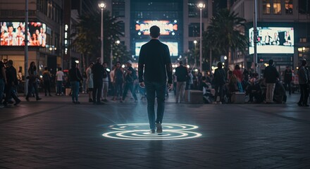 Fototapeta premium Circle of Silence, A Lone Figure in a Digital City