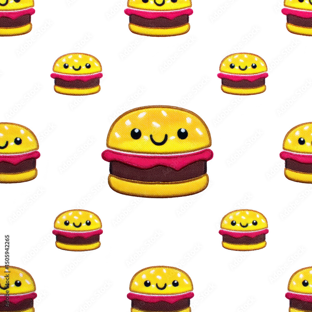 Poster cute cartoon burgers with smiling faces are scattered on transparency background, creating playful a