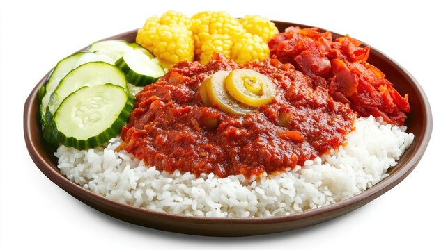 Nasi Dagang rice with tuna curry and pickled vegetables, Terengganu-style, white background