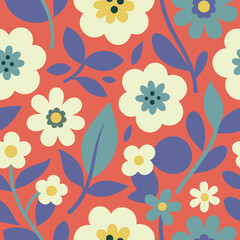 Seamless floral pattern of stylized white and blue flowers with purple leaves on a red background