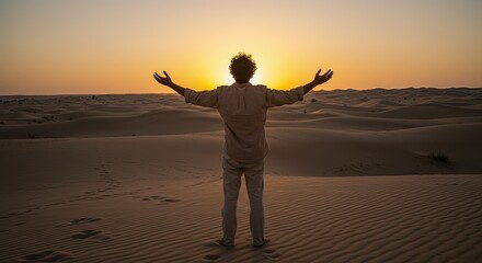 Fototapeta premium Embracing Solitude: Silhouette Against Golden Desert Sunset